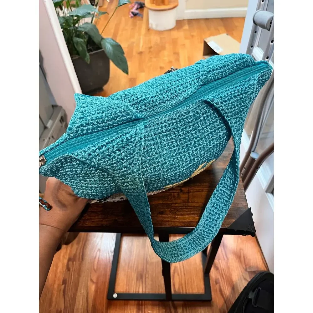 The Sak Crochet Teal Brown Embroidered Chill Palm Tree Shoulder Bag Vacation
